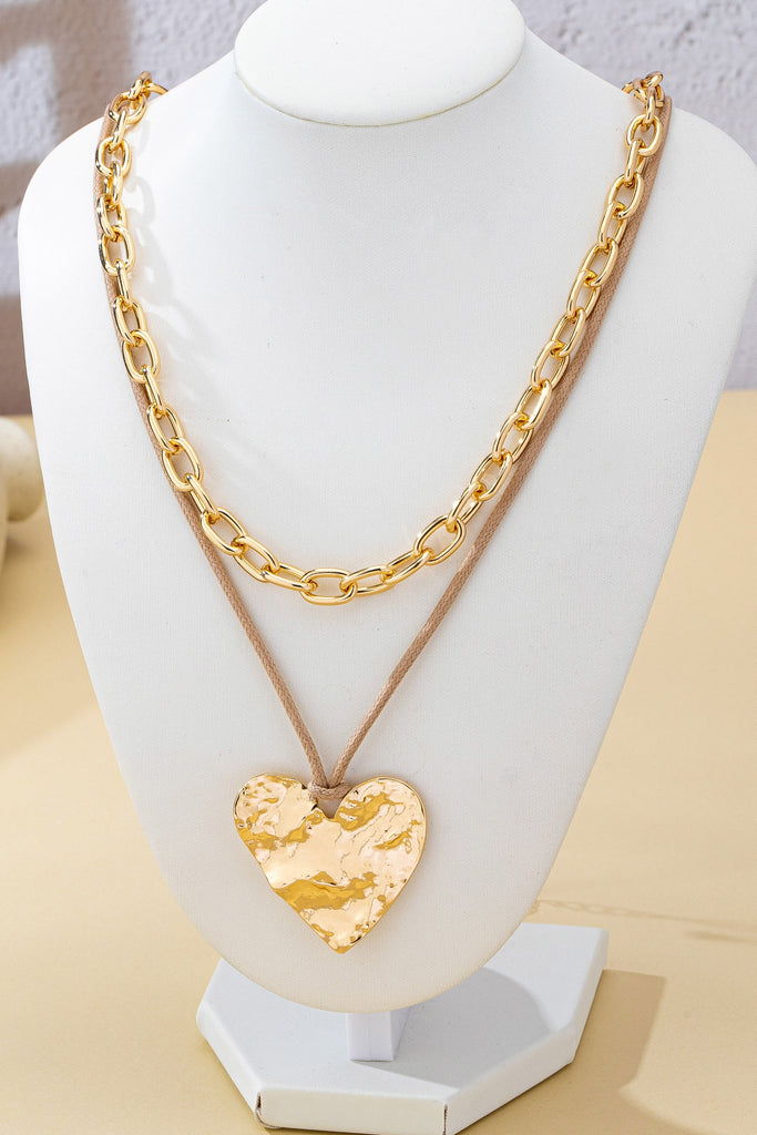 Hammered Heart Layered Cord Landyard Necklace | 80N93001