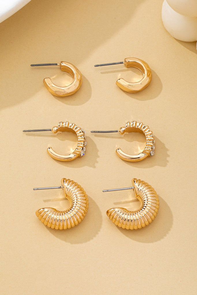 Rhinestone Textured Hoop Earring Set | 80E62138