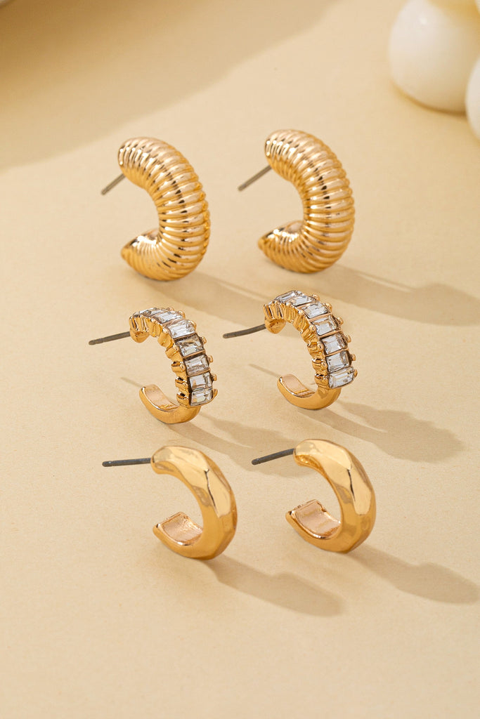 Rhinestone Textured Hoop Earring Set | 80E62138
