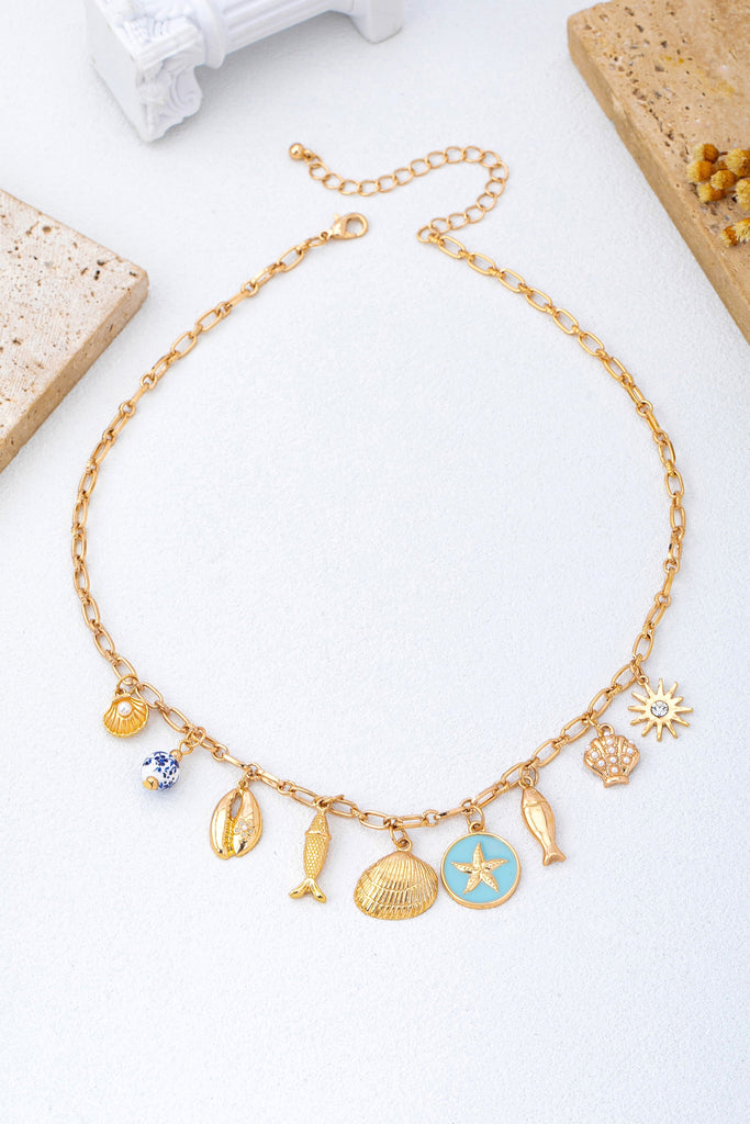 Charm Necklace-Coastal seashells fish cloisonne | 80N92963