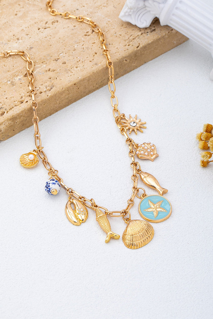 Charm Necklace-Coastal seashells fish cloisonne | 80N92963
