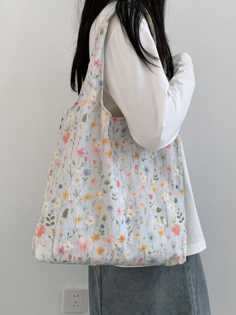 Large Organic Colorful Floral Shoulder Tote Bag | 40P606