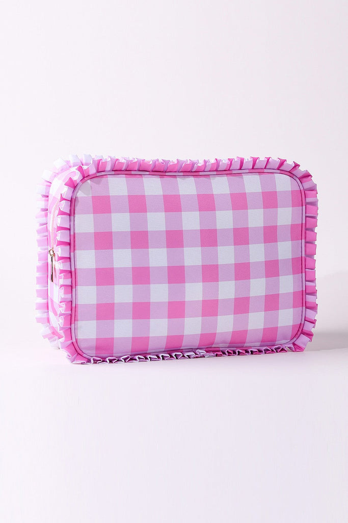 RUFFLE CHECKER STRIPE COSMETIC TRAVEL POUCH BAG | 40P608