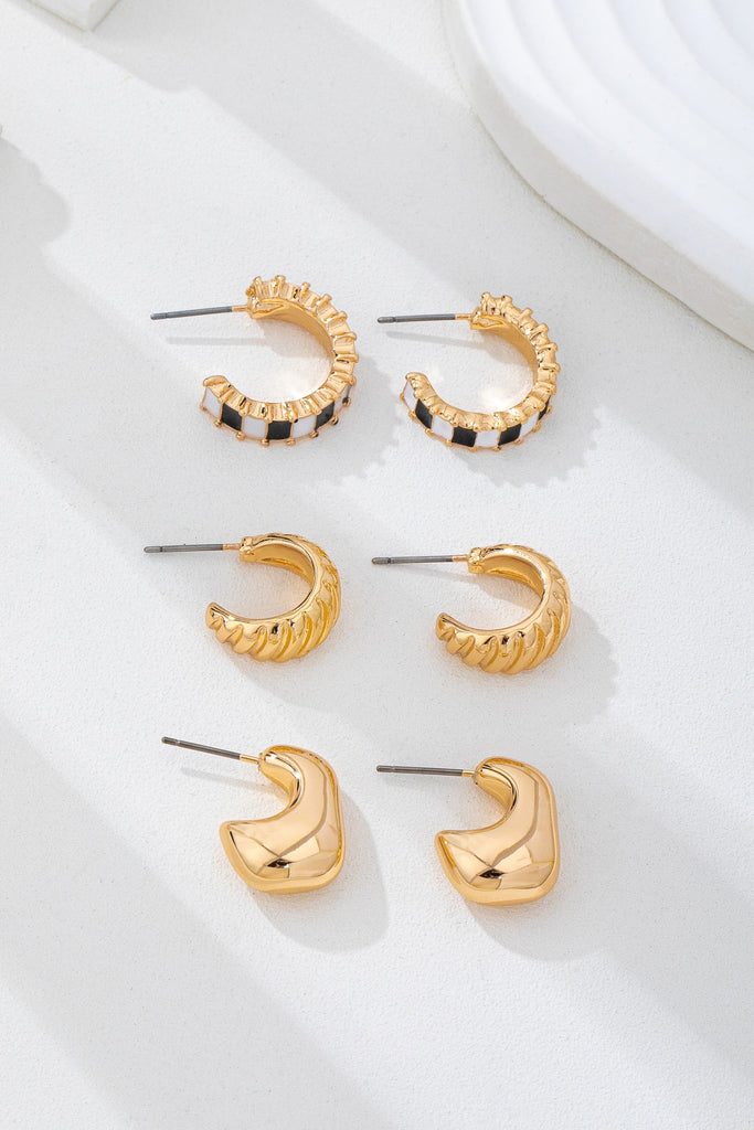 Checker Textured Huggie Hoop Trio Earrings | 80E62201