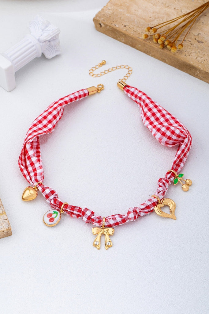 Red Gingham Scarf Charm Necklace | 80N93086