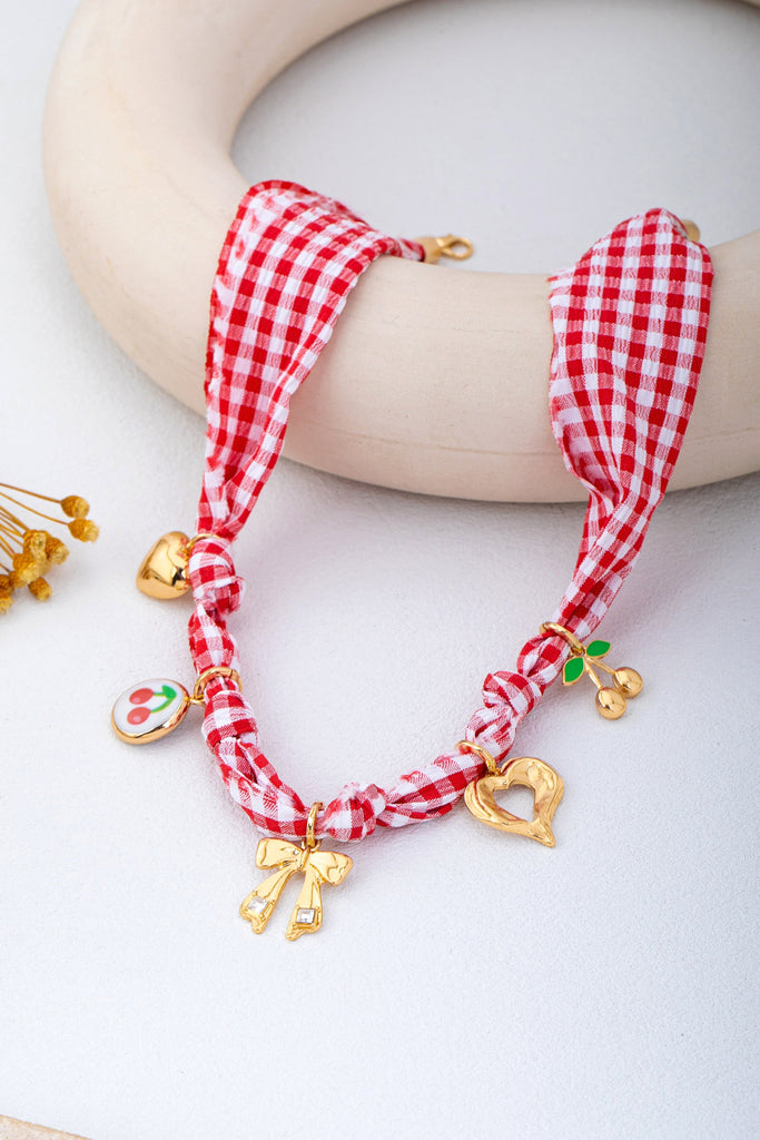 Red Gingham Scarf Charm Necklace | 80N93086