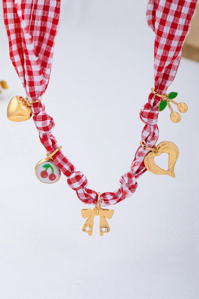 Red Gingham Scarf Charm Necklace | 80N93086