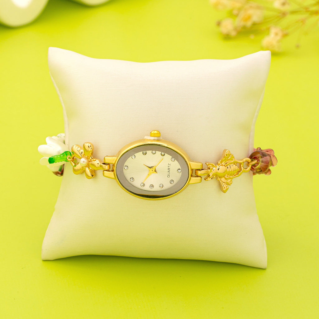 OVAL DIAL PORCELAIN CHARM BRACELET WATCH | 80W014