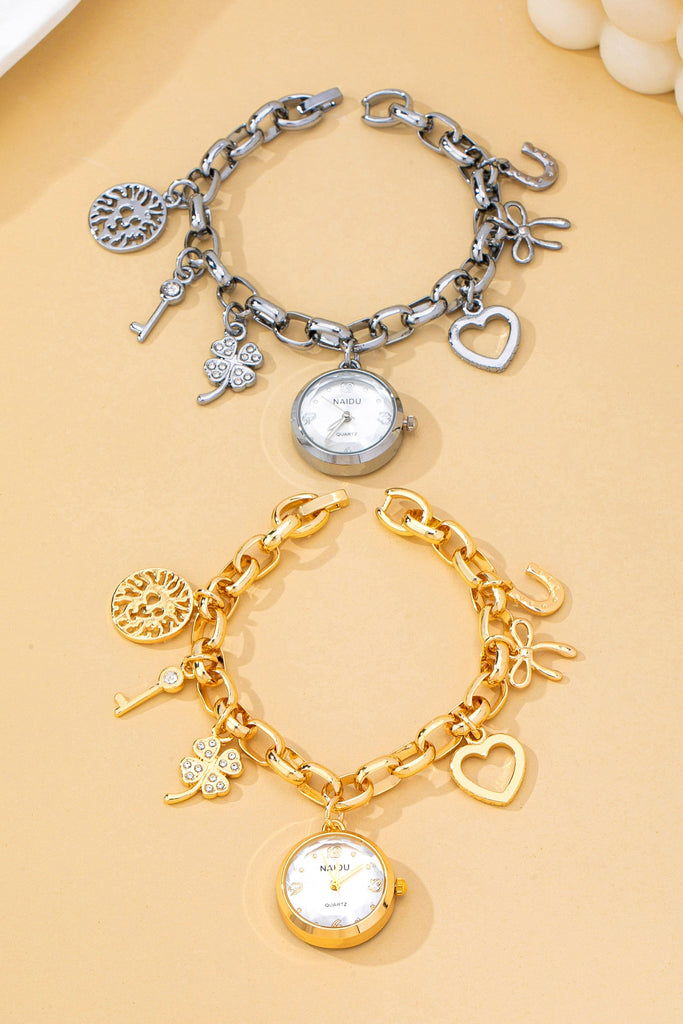 ROUND DIAL CHARM CLOVER HEART BRACELET WATCH | 80W016