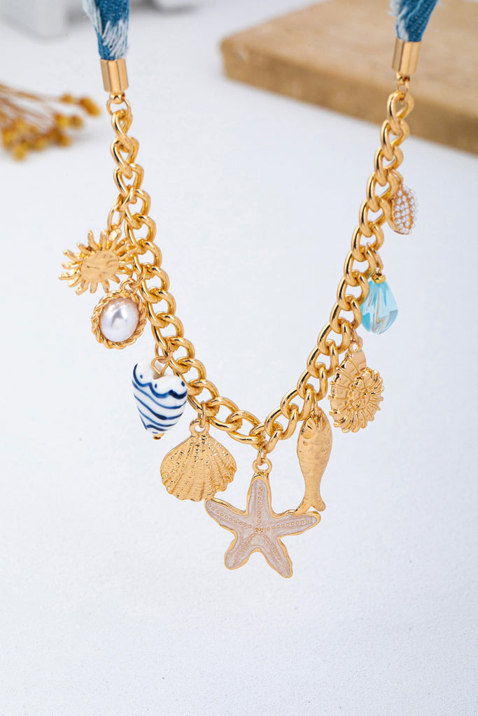 Sea Life Multi Charm- Boho Coastal Denim Necklace | 80N93111