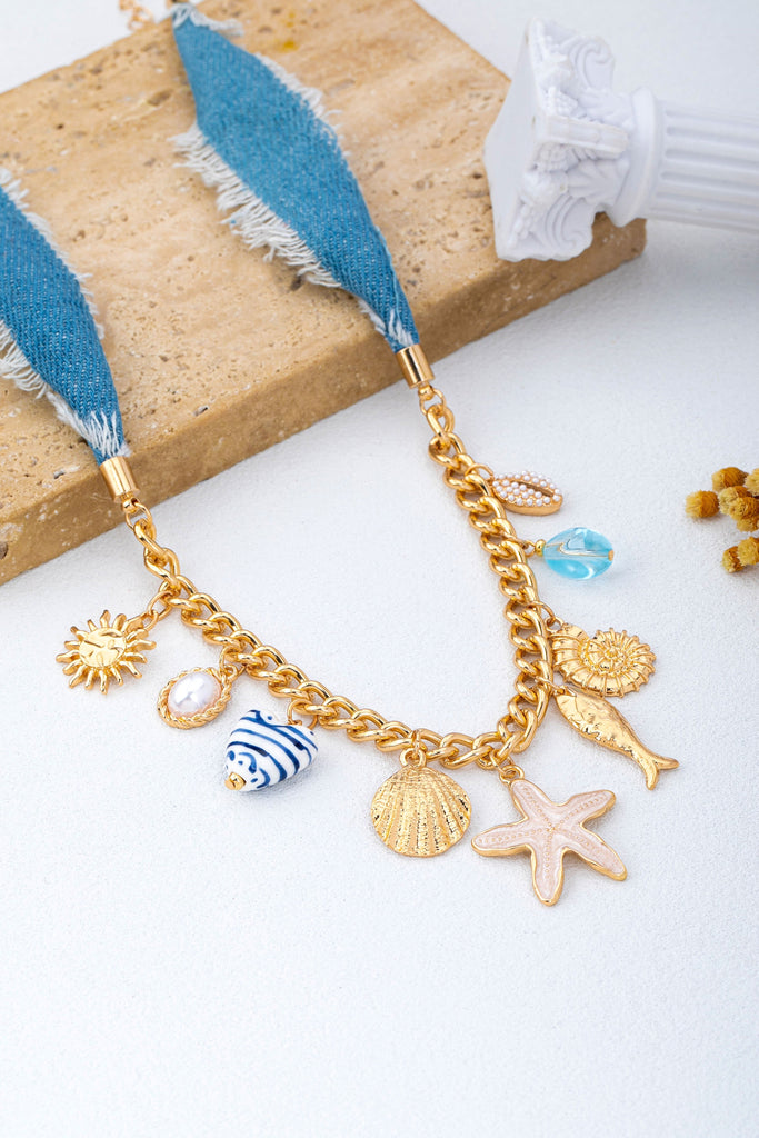 Sea Life Multi Charm- Boho Coastal Denim Necklace | 80N93111