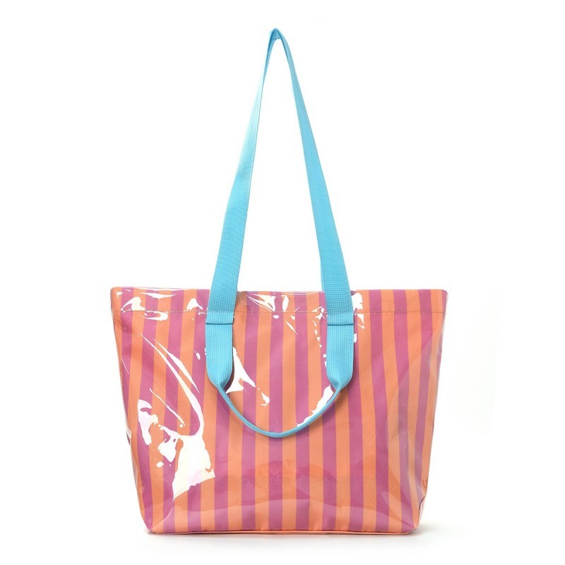Large Striped Vinyl Tote Bags with Shoulder Strap | 40P619