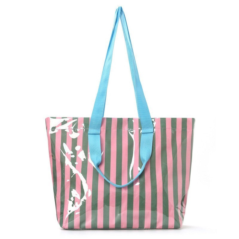 Large Striped Vinyl Tote Bags with Shoulder Strap | 40P619