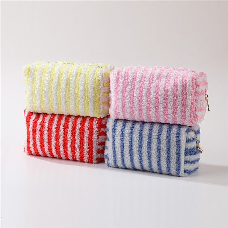Plush Striped Sherpa Makeup Bag - Cozy Travel Pouch | 40P621