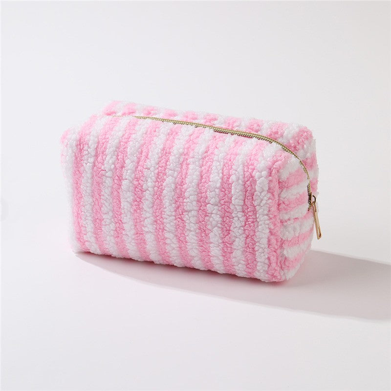 Plush Striped Sherpa Makeup Bag - Cozy Travel Pouch | 40P621