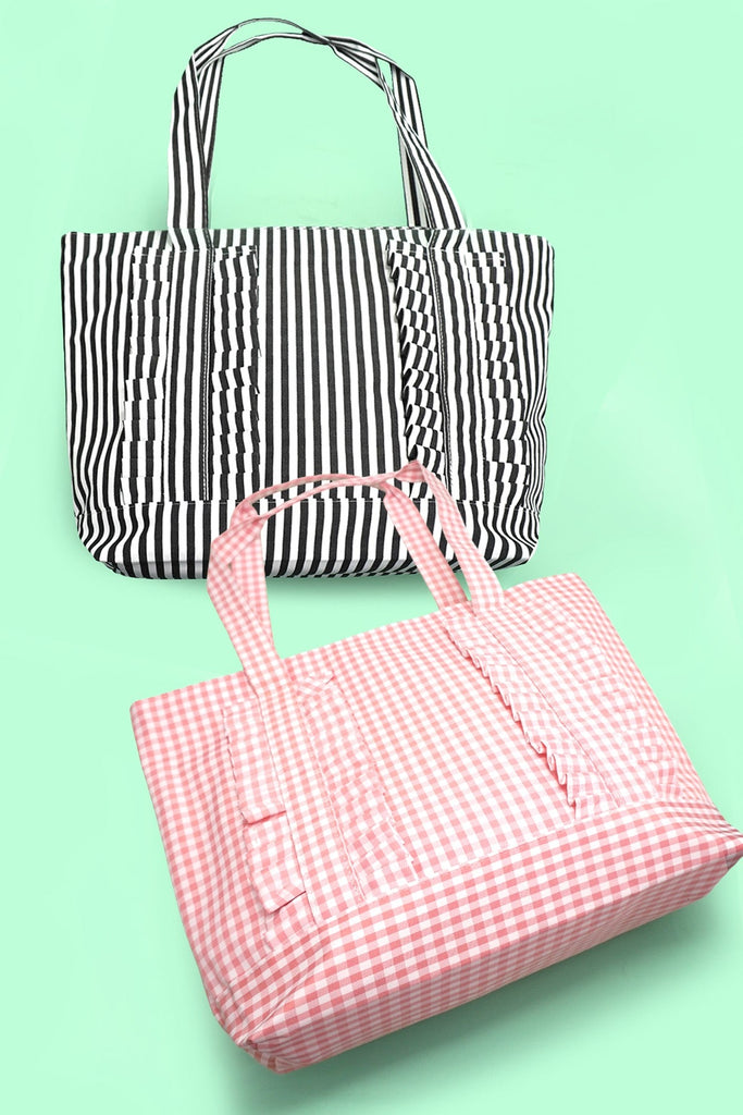Gingham & Stripe Ruffle Tote Shoulder Bag | 40P623