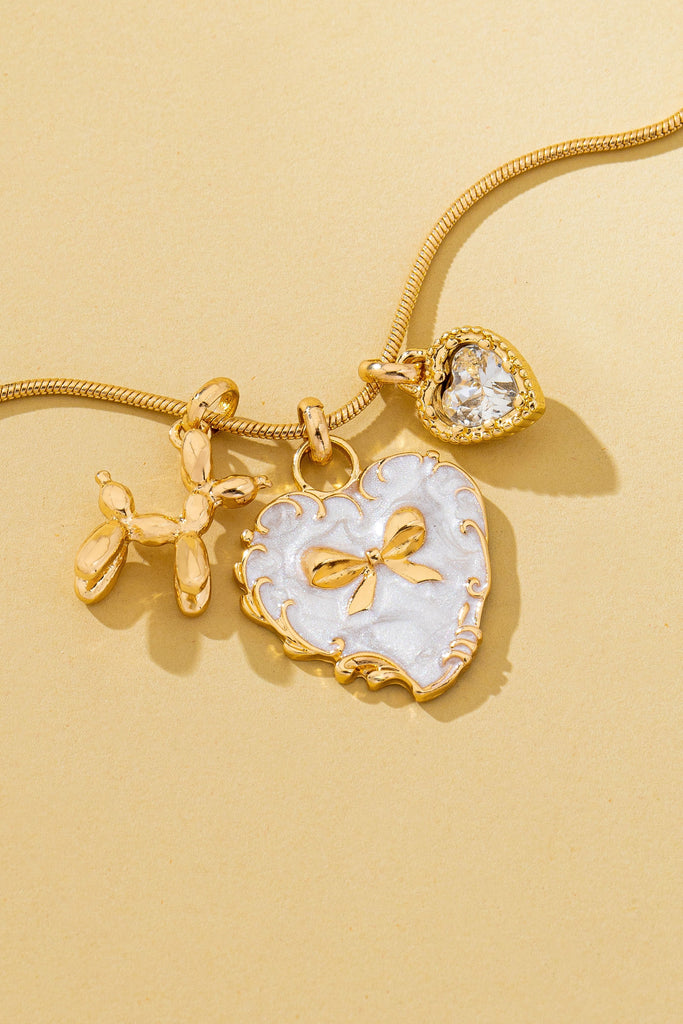 Bow Heart & Balloon Dog Crystal Charm Necklace | 80N93126