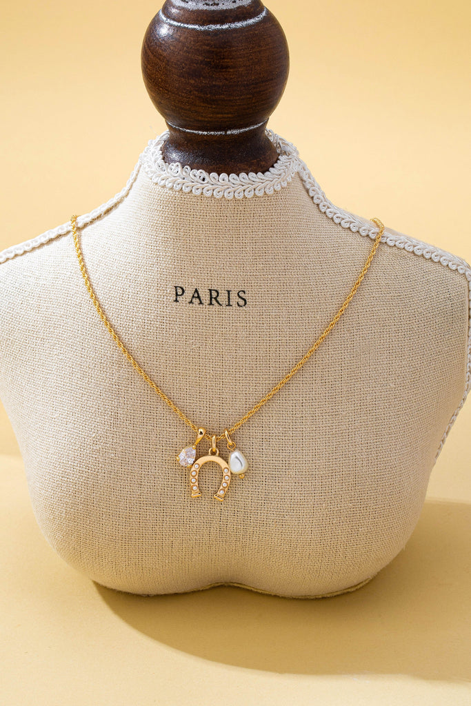Pave Horseshoe & Pearl Drop Charm Necklace | 80N93155