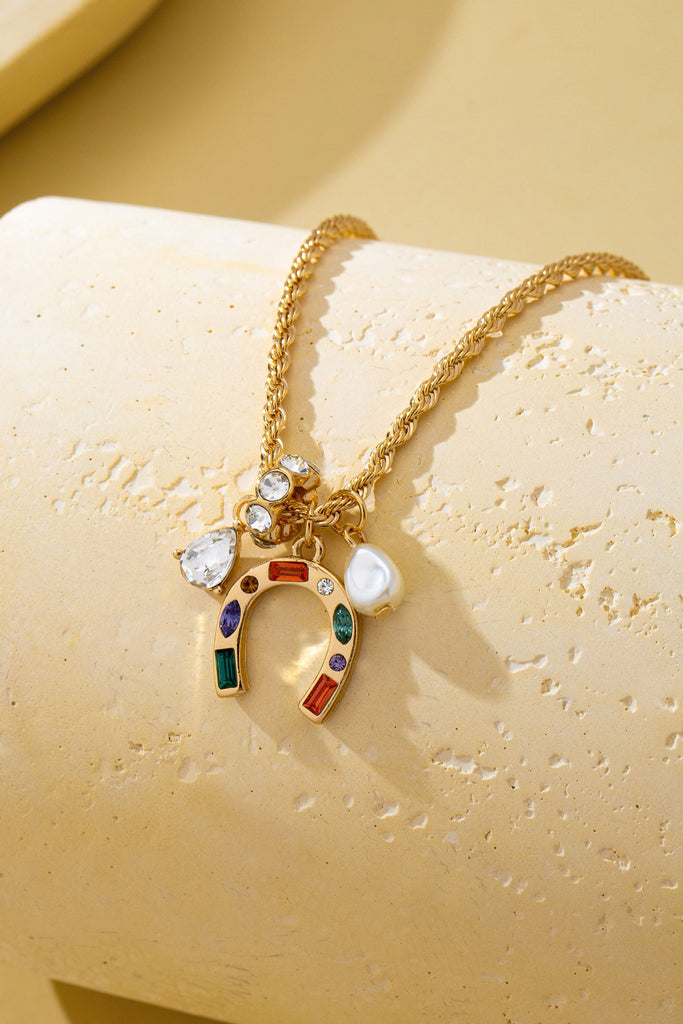 Multi-Color Horseshoe and Pearl Crystal Charm Necklace | 80N93136