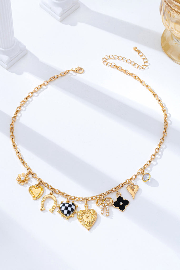 Checkered Heart Pearl Bow Multi-Charm Link Necklace | 80N93113