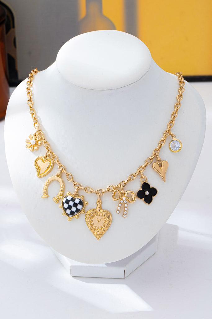 Checkered Heart Pearl Bow Multi-Charm Link Necklace | 80N93113