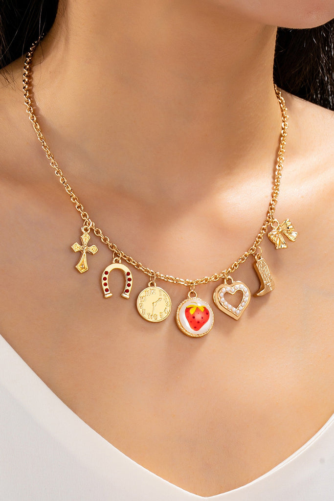 Strawberry Bow Coin Boot Western Charm Necklace | 80N93114