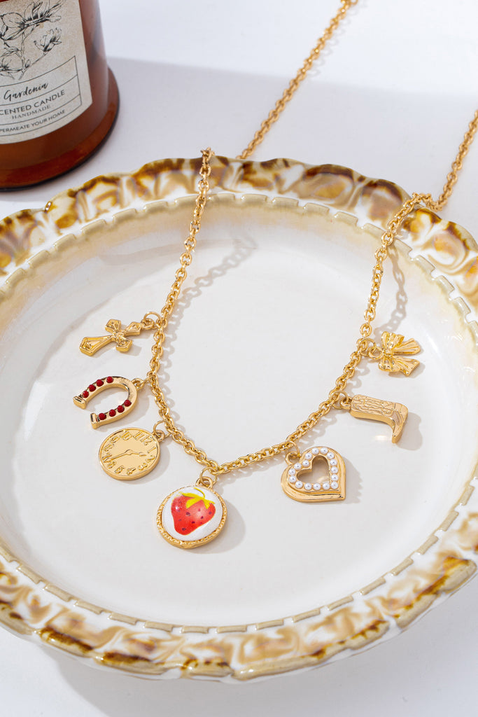 Strawberry Bow Coin Boot Western Charm Necklace | 80N93114