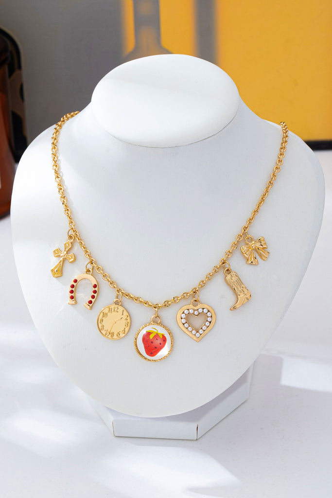 Strawberry Bow Coin Boot Western Charm Necklace | 80N93114