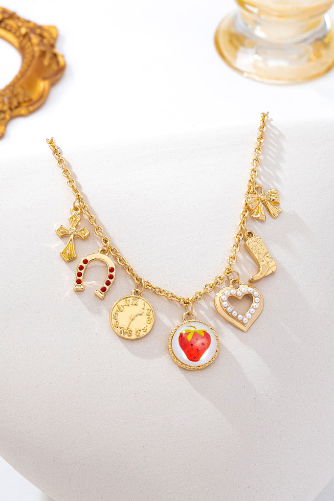 Strawberry Bow Coin Boot Western Charm Necklace | 80N93114