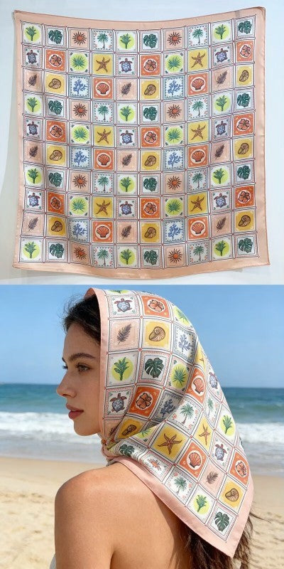 Nautical Shell & Palm Silky Feel Bandana Scarf | 40SC723