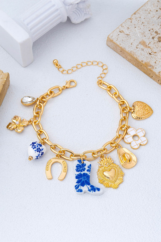 Blue & White Floral Western Charm Link Bracelet | 80B1803
