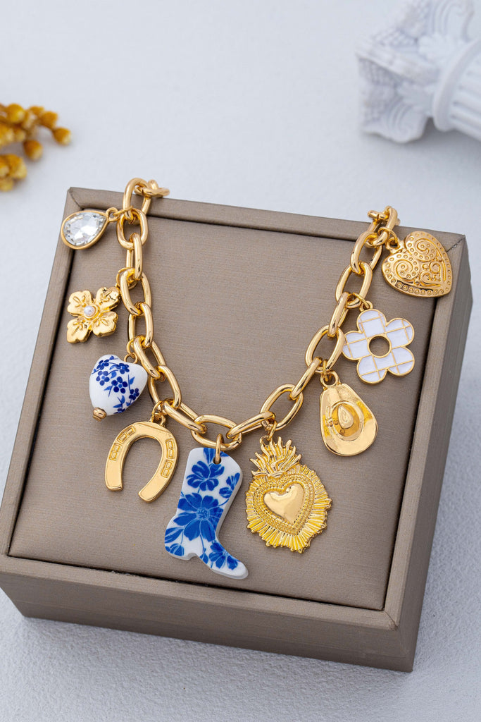 Blue & White Floral Western Charm Link Bracelet | 80B1803