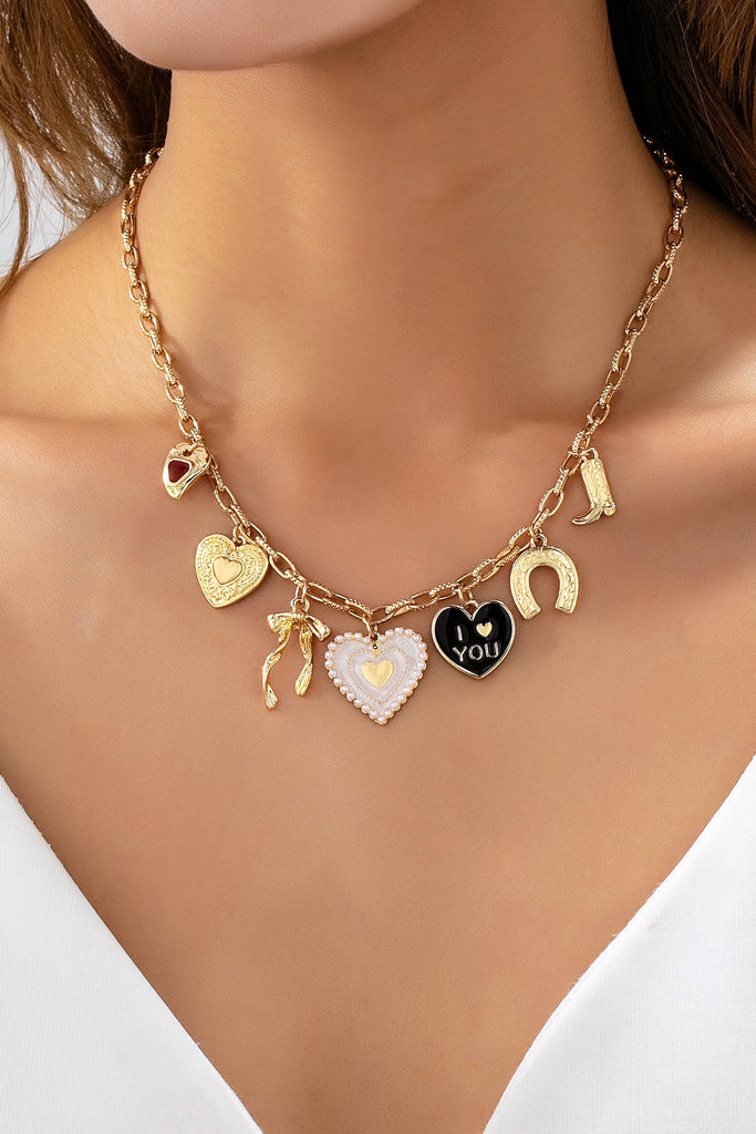 Heart Bow Boot Multi Charm Chain Necklace | 80N93190