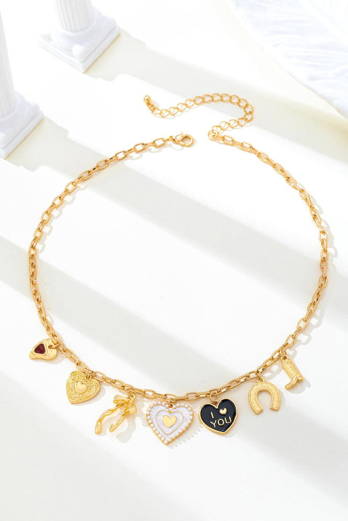 Heart Bow Boot Multi Charm Chain Necklace | 80N93190