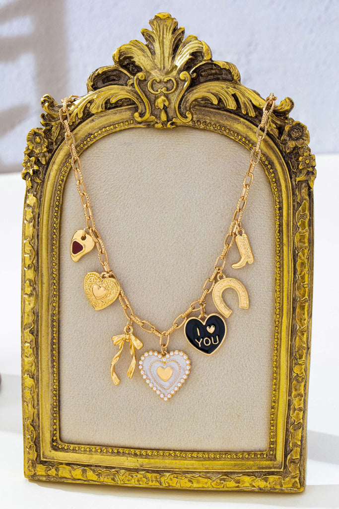 Heart Bow Boot Multi Charm Chain Necklace | 80N93190