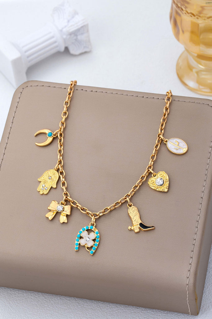 Western Turquoise Horseshoe Bow Boot Charm Necklace | 80N93198