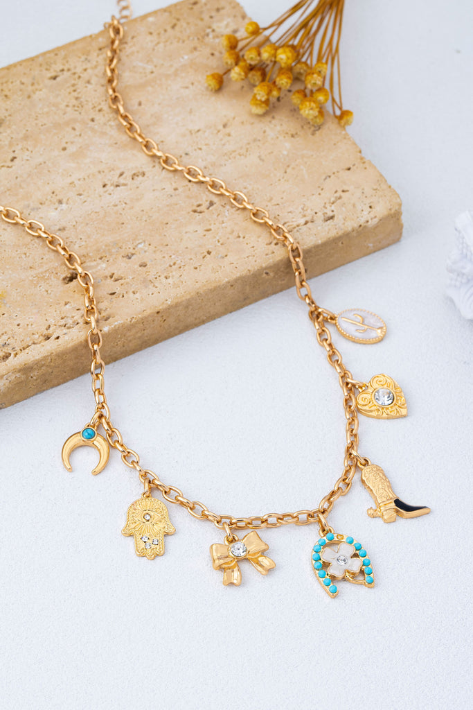 Western Turquoise Horseshoe Bow Boot Charm Necklace | 80N93198