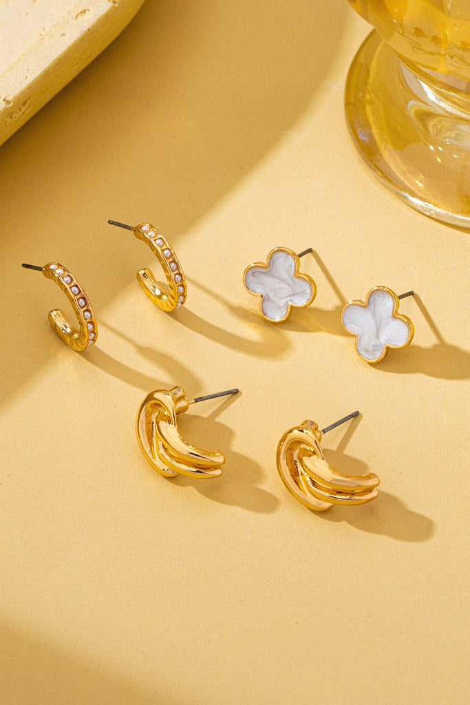 Gold-Tone Clover Pearl Huggie Hoop Earring Trio Set | 80E62320