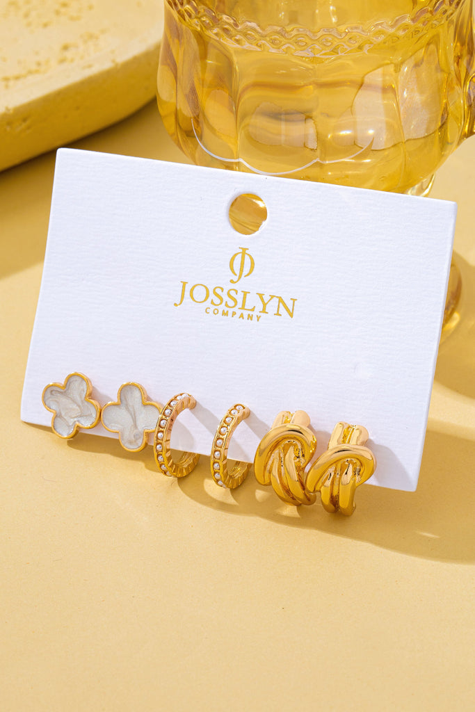 Gold-Tone Clover Pearl Huggie Hoop Earring Trio Set | 80E62320