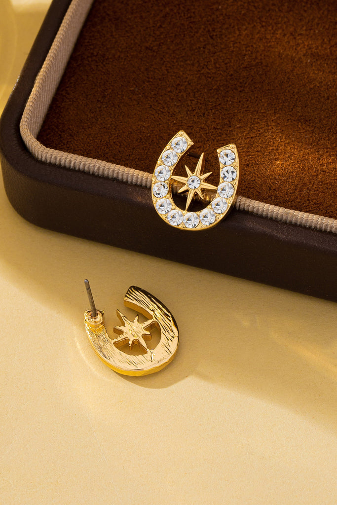 Pave Crystal Horseshoe Star Stud Earrings | 80E62350