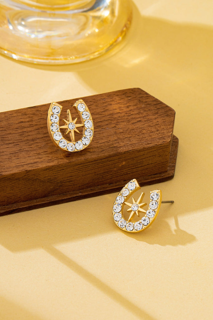Pave Crystal Horseshoe Star Stud Earrings | 80E62350