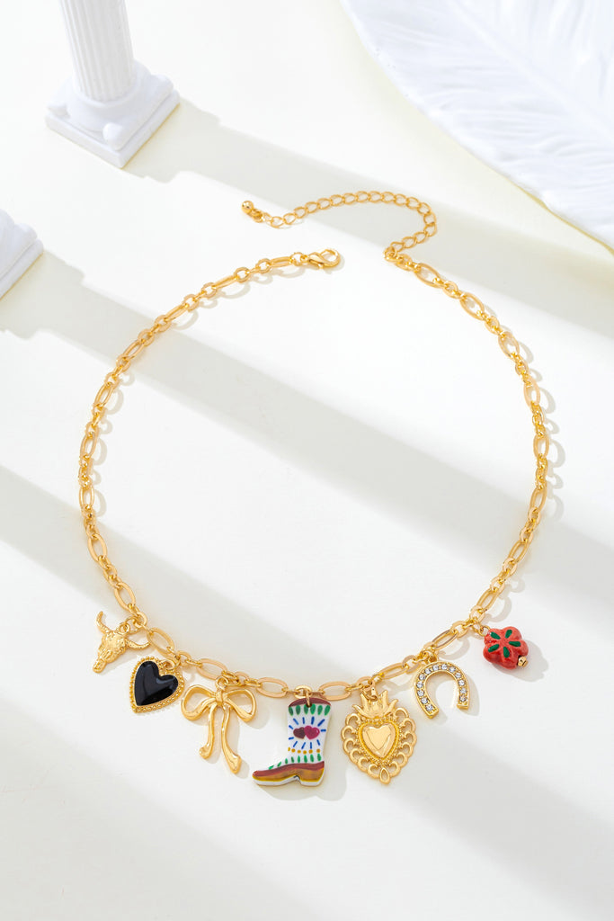 Western Boot Horseshoe Heart Multi Charm Necklace | 80N93207