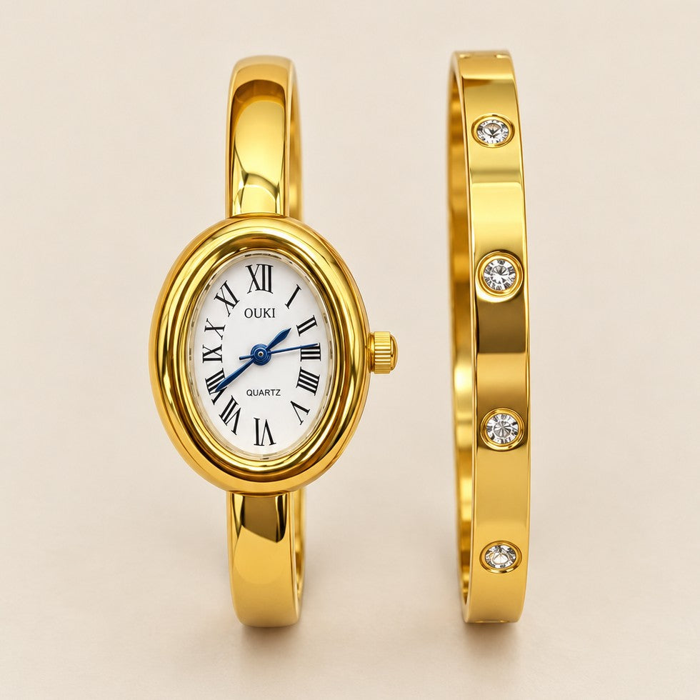 Oval Bangle Watch & Crystal Bracelet Set | 40WTH102