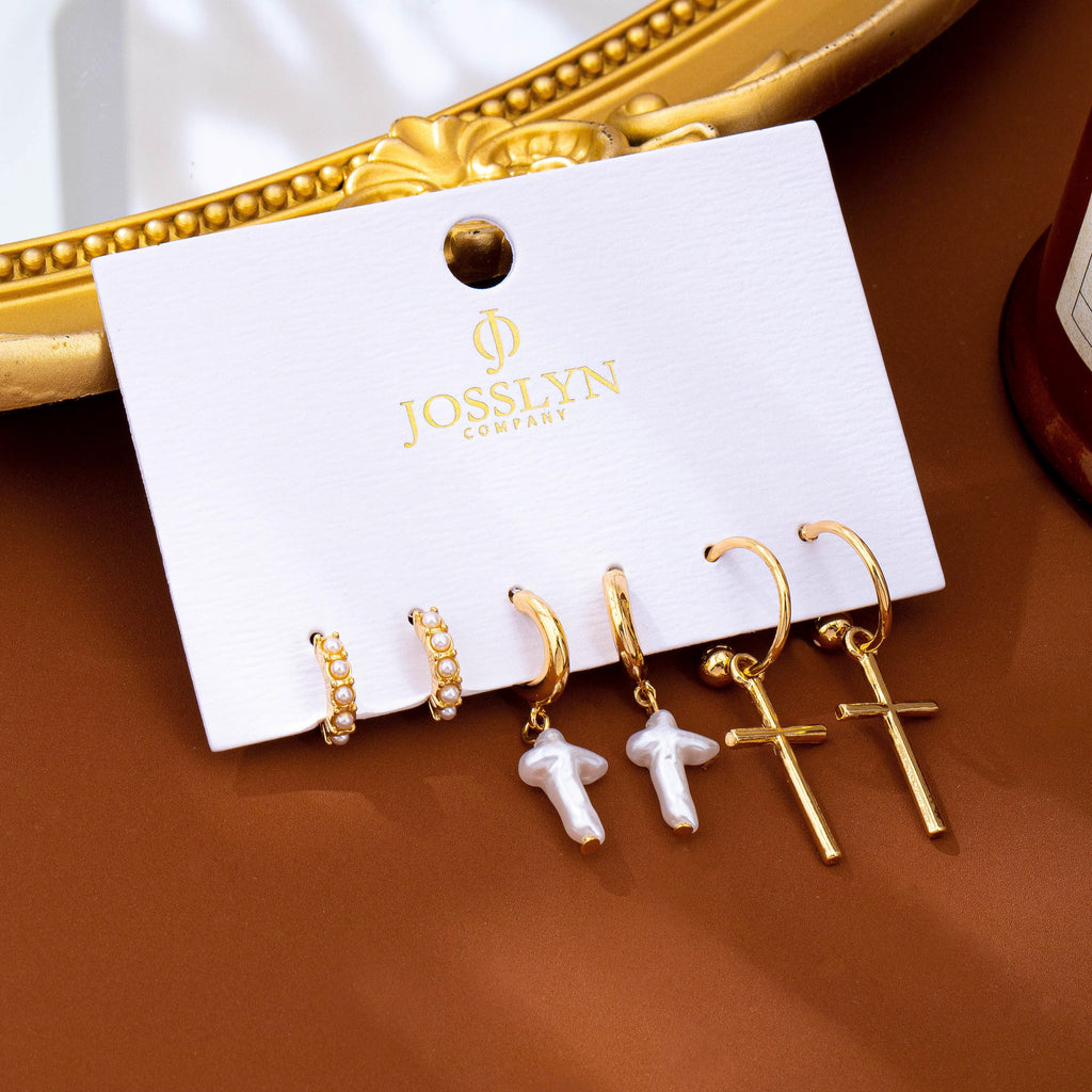 Cross Charm Huggie Hoop Trio Earrings Set | 80E63280