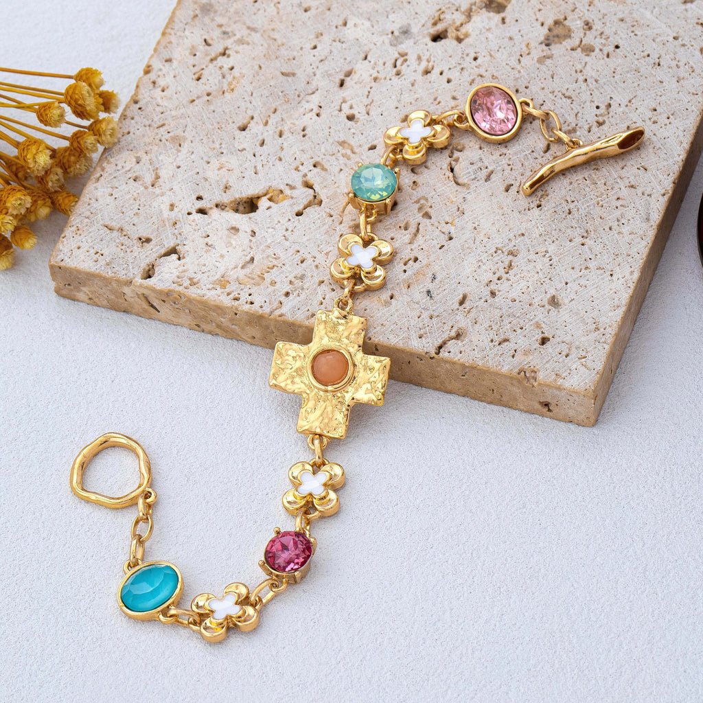 Floral Cross & Gemstone Charm Bracelet | 80B1836