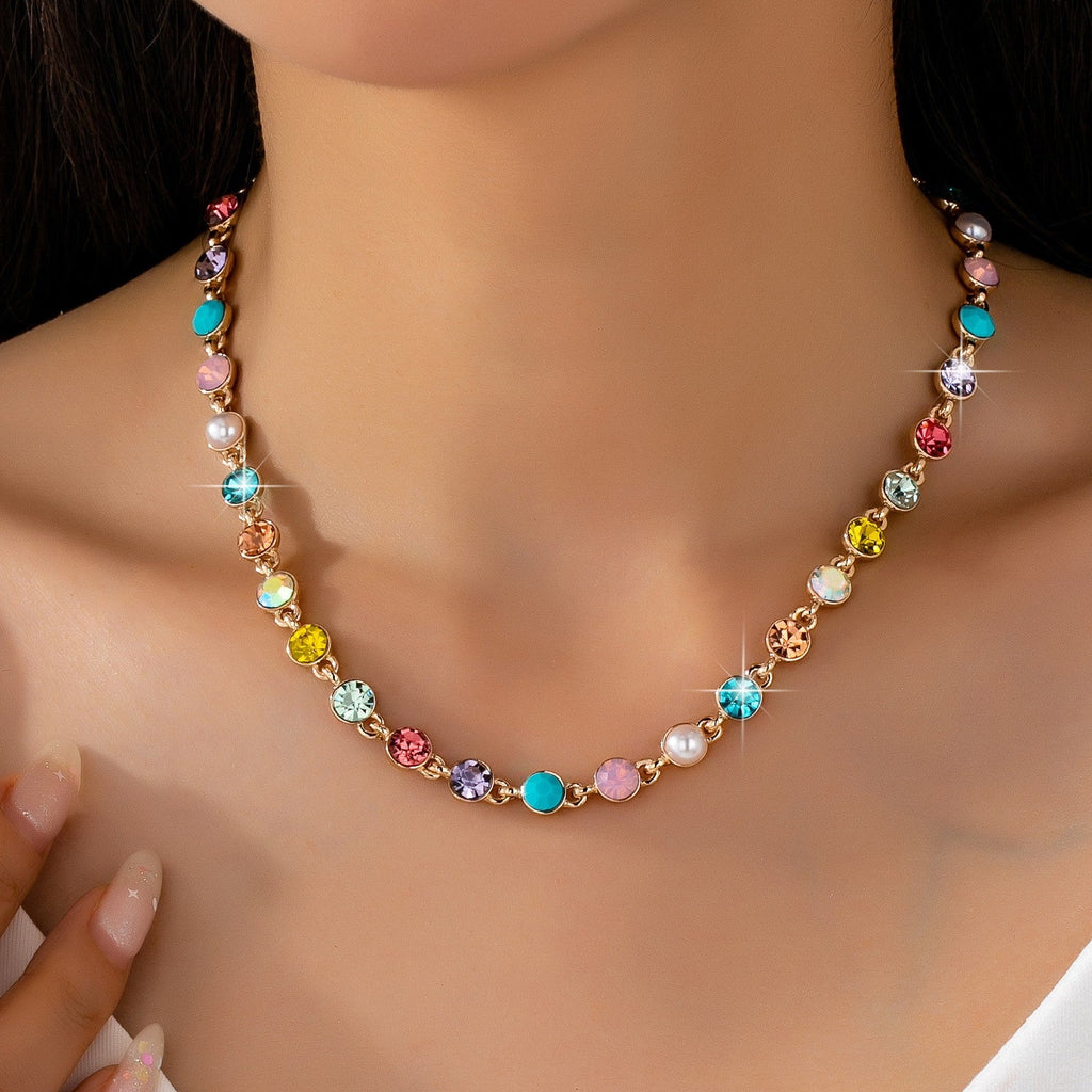 Multi Color Crystal & Pearl Tennis-Style Necklace | 80N93257