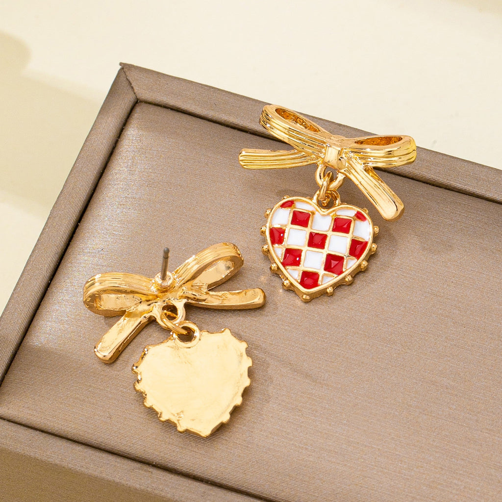Checkered Heart Bow Drop Earrings | 80E62406