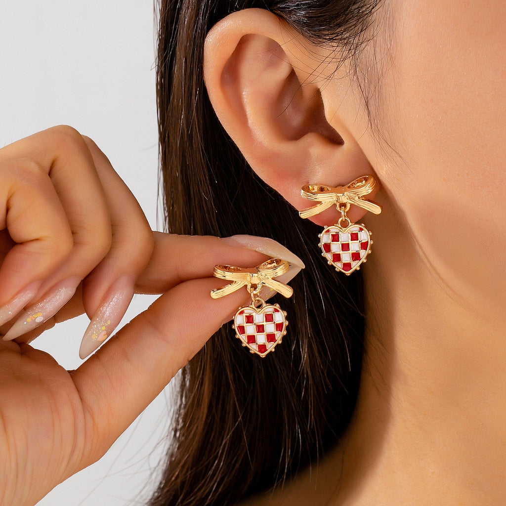 Checkered Heart Bow Drop Earrings | 80E62406