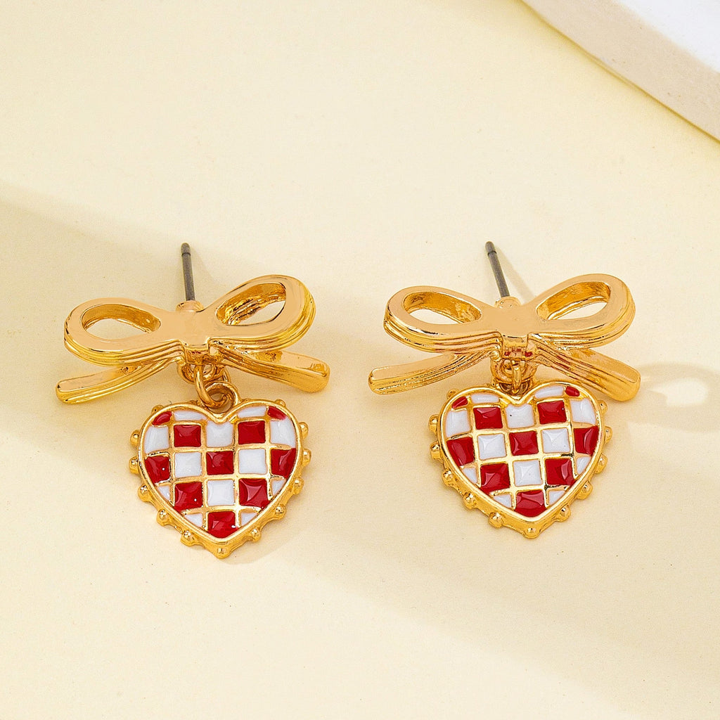 Checkered Heart Bow Drop Earrings | 80E62406