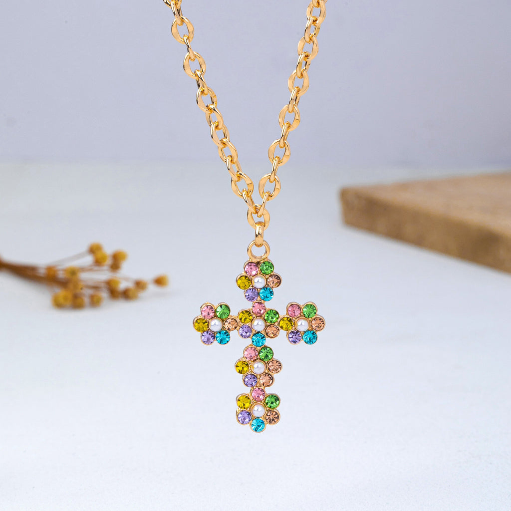 Pearl & Pastel Crystal Cross Pendant Necklace | 80N93280